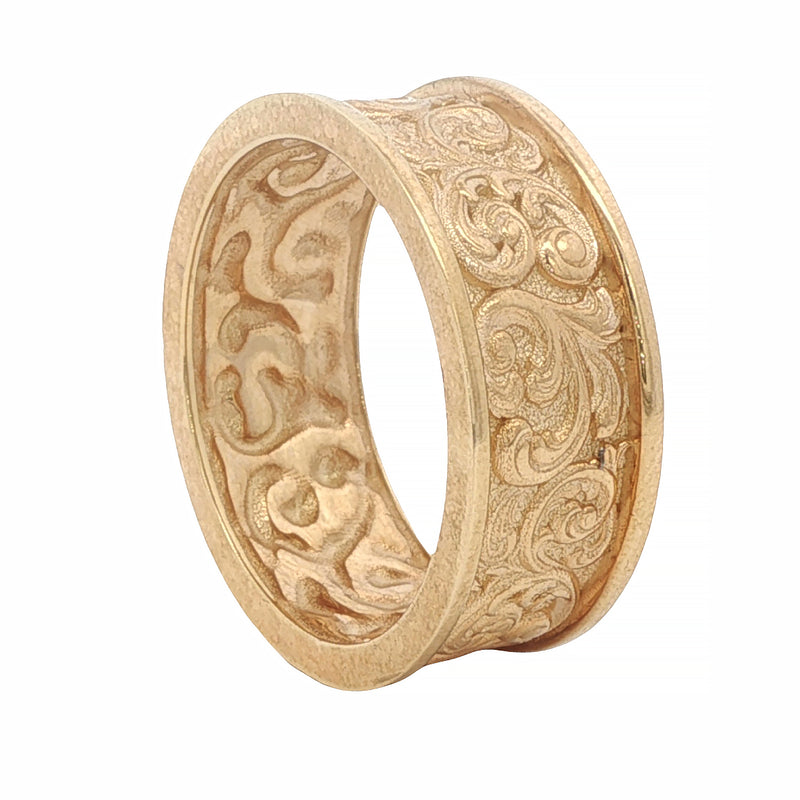 Yellow gold men's band with intricate baroque scrollwork and textured finish.