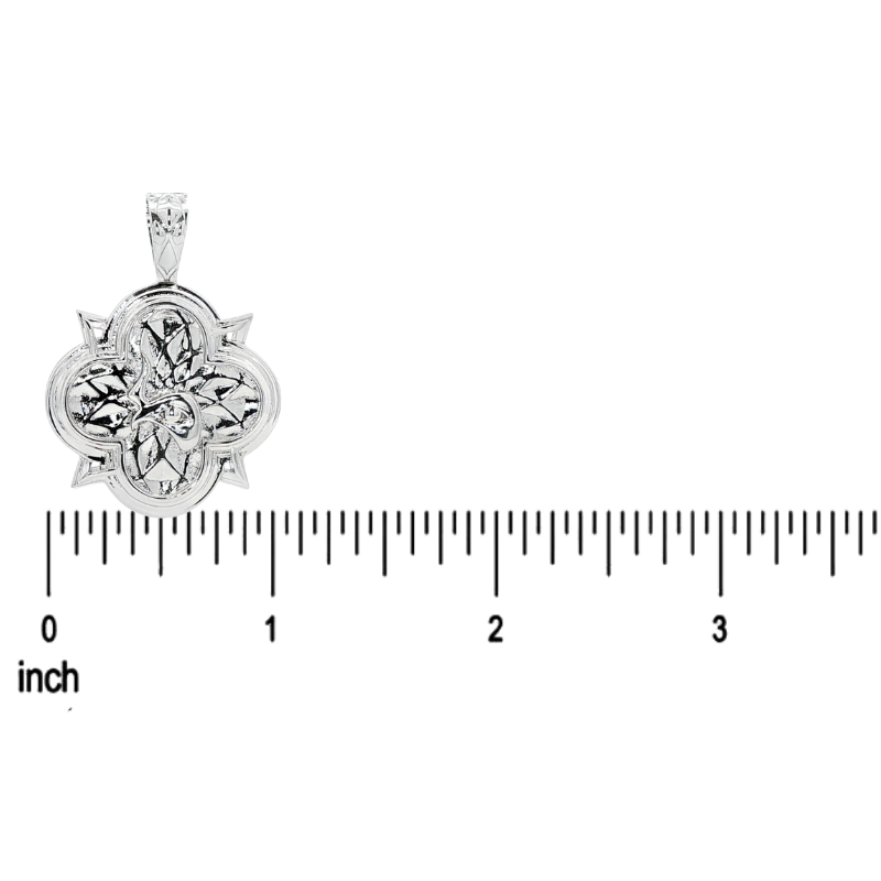 Silver rope chain necklace with intricate floral patterned pendant, limited edition design.