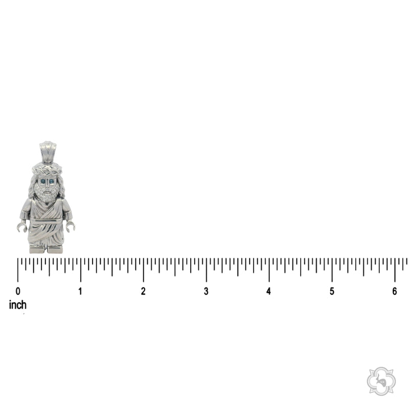 Silver TraxNYC Jesus pendant with blue diamond eyes on anchor cable chain.