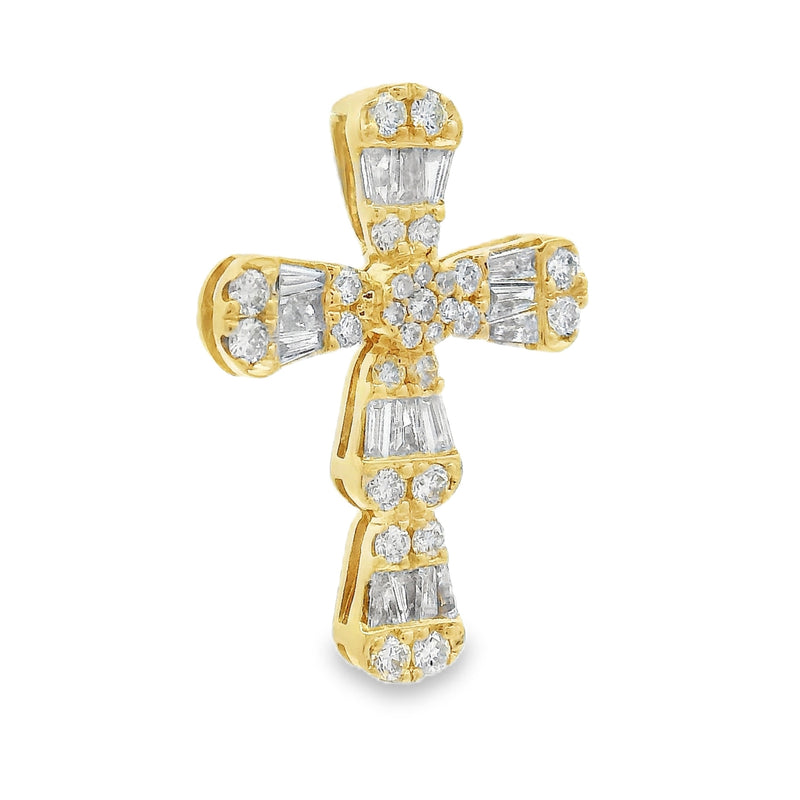 Yellow gold baguette and round diamond cross pendant with intricate gemstone detailing.