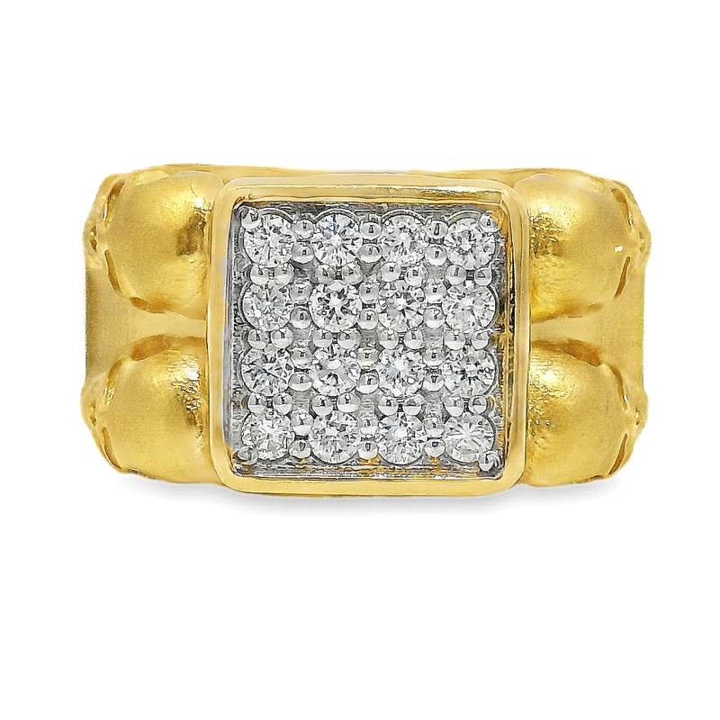 Yellow gold men's ring with double skull design and square diamond cluster center.