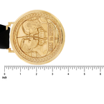 Gold-tone Man vs Robot pendant medal with detailed engraved design on black cord necklace.