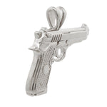 Sterling silver pistol pendant with detailed grip and dual bail loop for chain attachment.