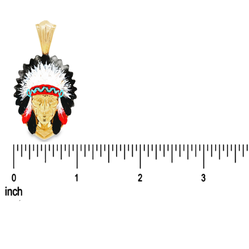 Yellow gold Native Chief pendant with red and turquoise feather details.