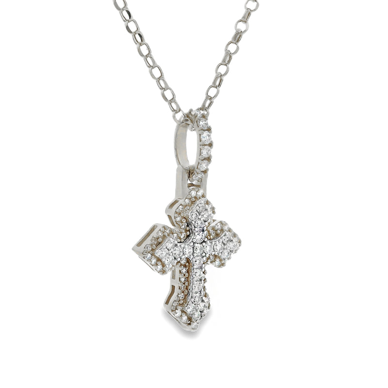White gold mini cross pendant with sparkling diamond accents on chain.
