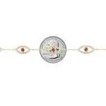Gold bracelet with five evil eye charms featuring white diamonds and central rubies.