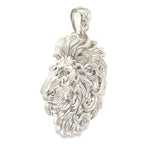 Intricately detailed silver lion head pendant with flowing mane, elegant and masculine design.