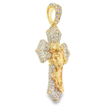Yellow gold praying Jesus cross pendant encrusted with diamonds in a detailed design.