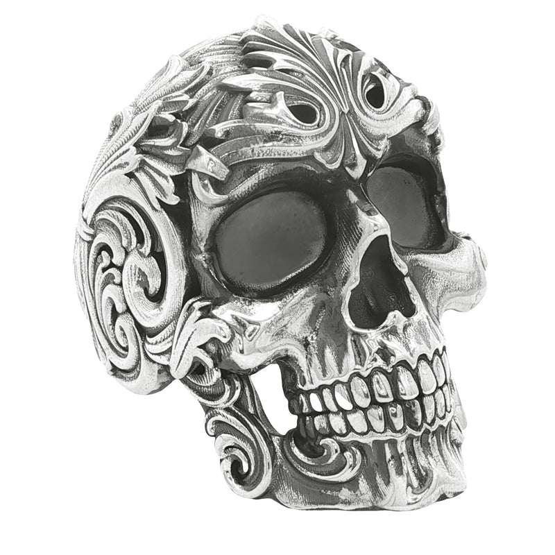 Silver ornate skull ring with detailed engravings and blackened eye sockets, men's style