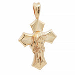 Gold cross pendant featuring a detailed Virgin Mary figure with stylized edges.