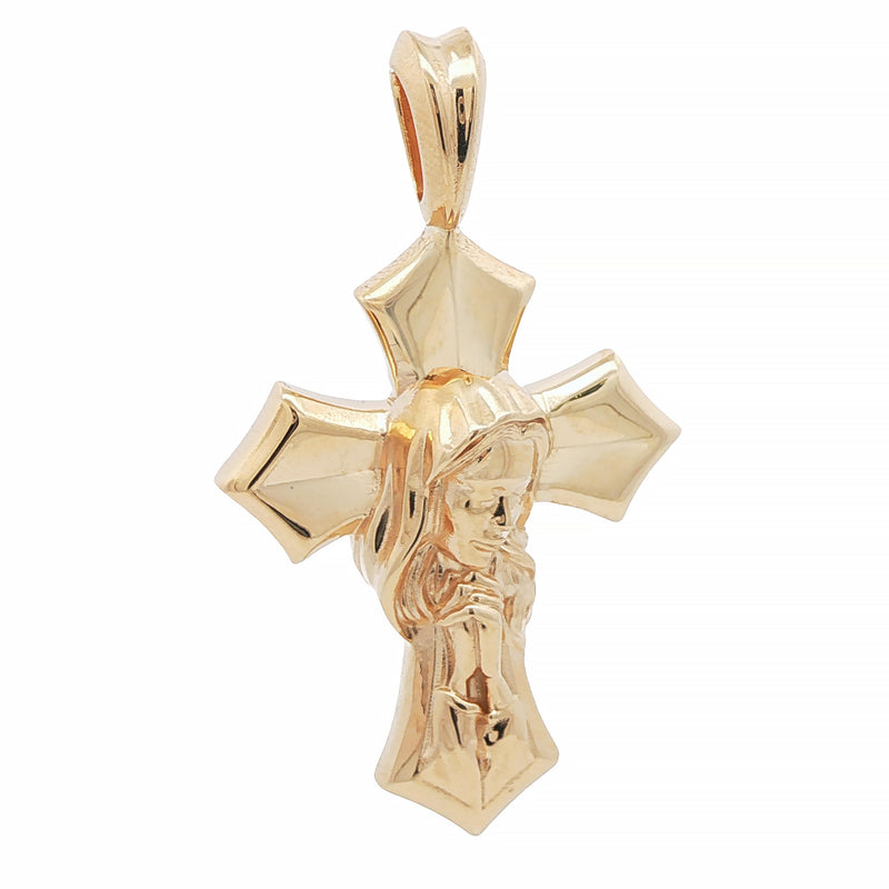 Gold cross pendant featuring a detailed Virgin Mary figure with stylized edges.
