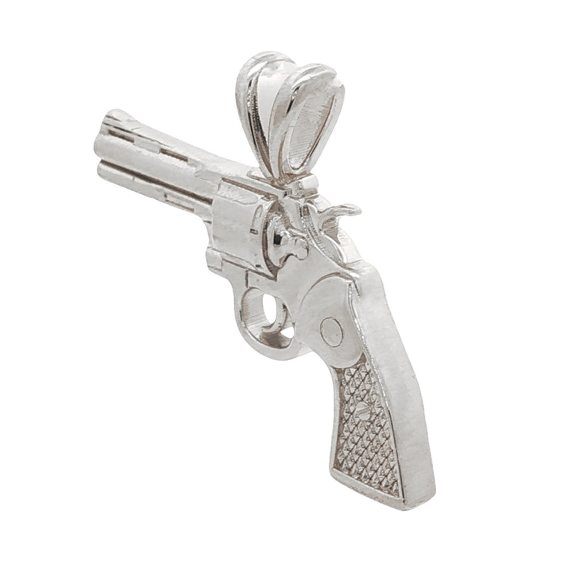 925 silver revolver pendant with textured grip and detailed barrel design.