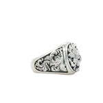 Silver men's signet ring with intricate royal filigree floral design in .925 sterling silver.