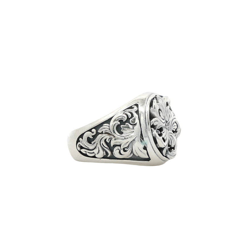 Silver men's signet ring with intricate royal filigree floral design in .925 sterling silver.