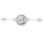 White gold evil eye bracelet with five diamond-accented eye charms and delicate chain links.