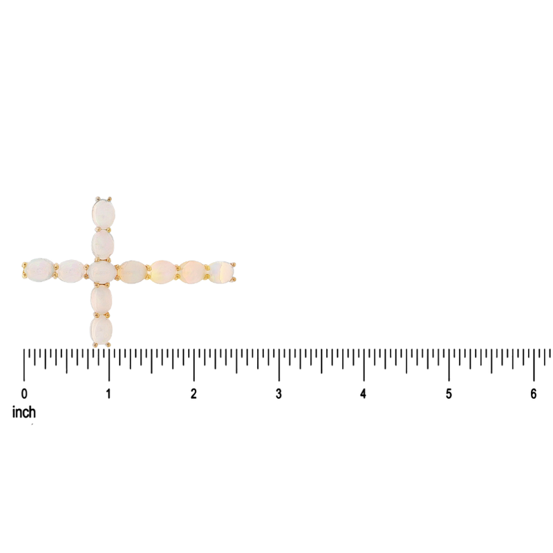 Opal cross pendant with marquise-shaped stones set in yellow gold, measuring about 1.5 inches wide