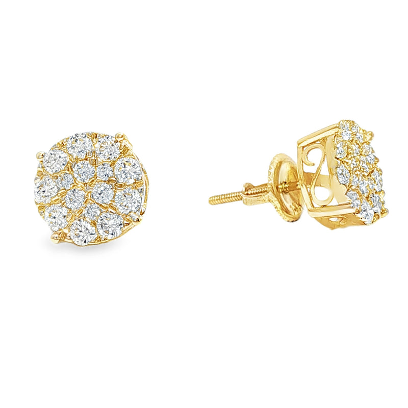 Yellow gold round cluster diamond stud earrings with multiple sparkling stones.