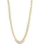 Yellow gold tennis chain necklace with round sparkling diamonds in a classic setting.