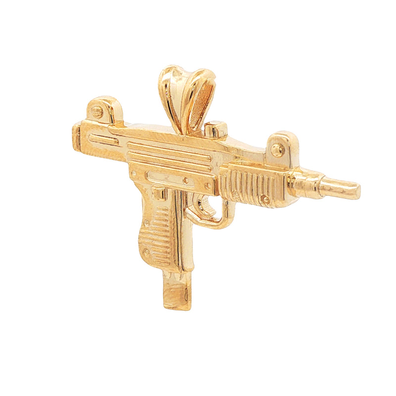 Small 14K gold pendant shaped like a detailed Uzi submachine gun with a hanging loop.
