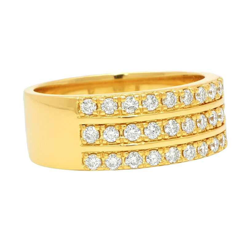 Yellow gold three-row wedding band with round diamonds in a sleek, polished setting.