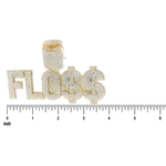 Gold custom name pendant spelling FLOSS with iced-out diamonds and a diamond-encrusted grill charm.
