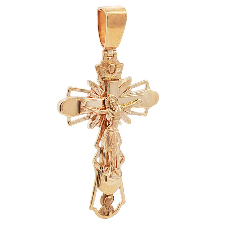 Gold crucifix pendant with detailed Jesus figure and ornate cross design for men.