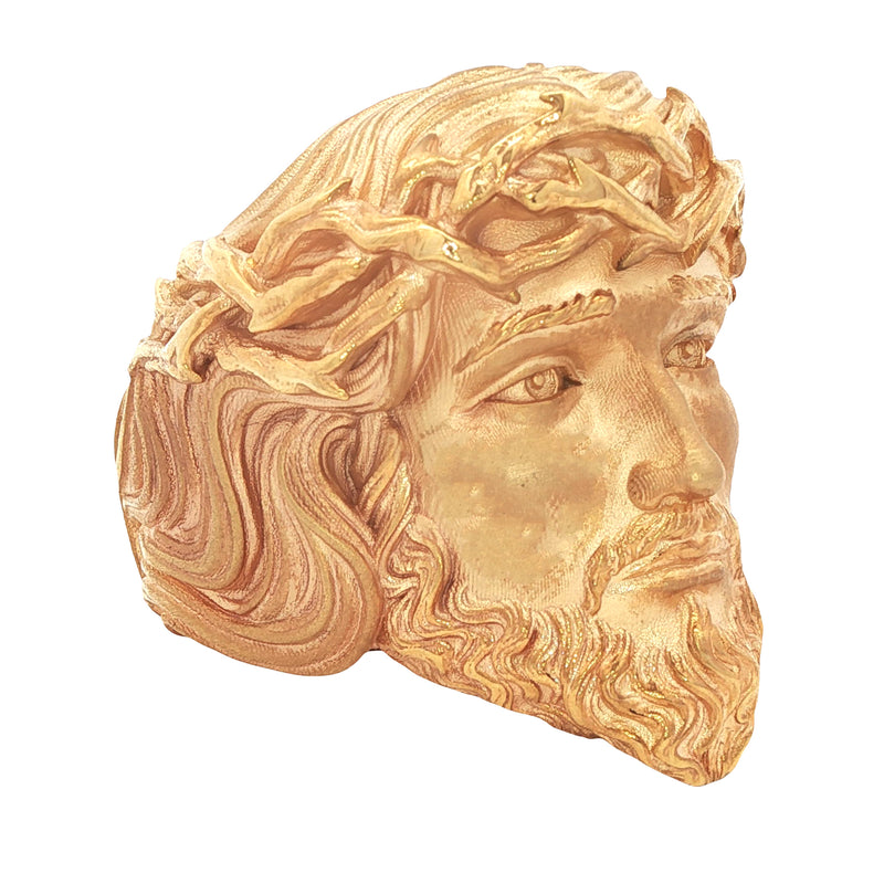 Yellow gold Jesus face ring with detailed crown of thorns and beard design.
