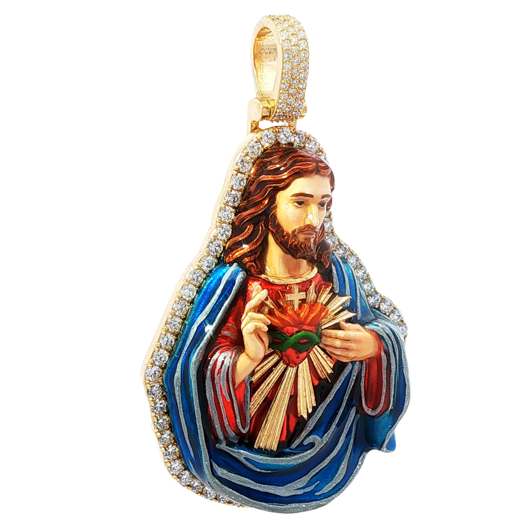 Sacred Heart Jesus Enamel Diamond Pendant 71211 | TraxNYC