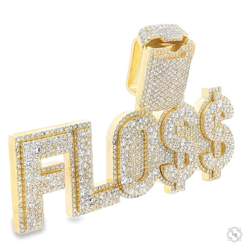 Yellow gold iced-out custom name pendant spelling FLO$$ with diamond accents.