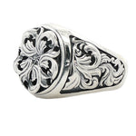 Silver men's signet ring with intricate royal filigree floral design in .925 sterling silver.