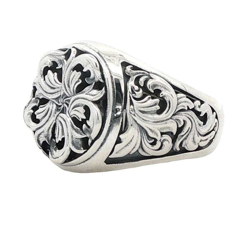Silver men's signet ring with intricate royal filigree floral design in .925 sterling silver.