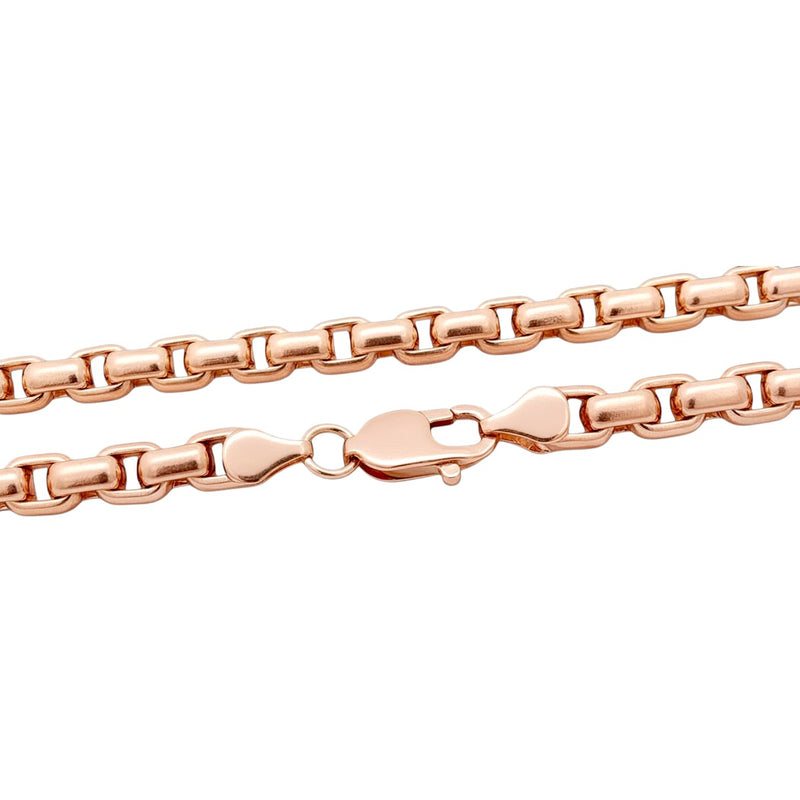 14K rose gold solid round box link chain, 6.4mm thickness, polished finish.
