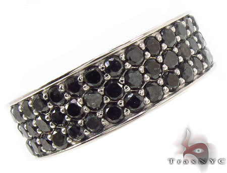 Three-row black diamond men's ring in white metal band, polished finish, size 7
