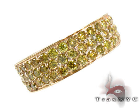 Three-row yellow gold ring with canary yellow diamonds in pave settings