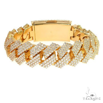 Three row prong set diamond Cuban bracelet in yellow gold – full-length diamond coverage across all three rows
