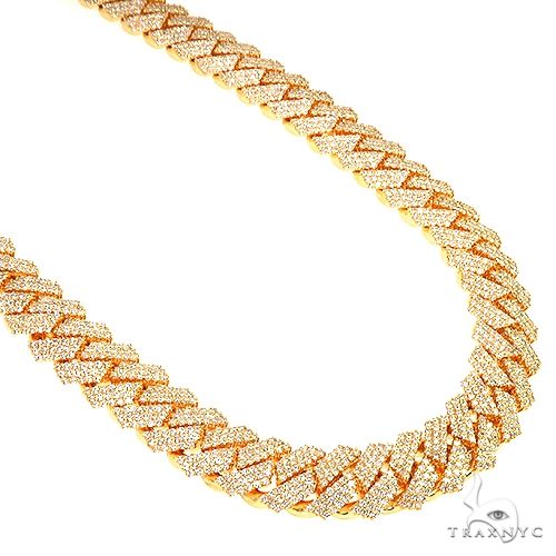 Yellow gold 3-row Cuban chain with diamond prong-set iced links and a diamond clasp