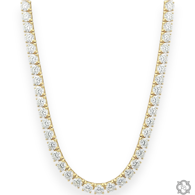 Yellow gold 20-pointer lab diamond tennis chain necklace with round-cut stones.