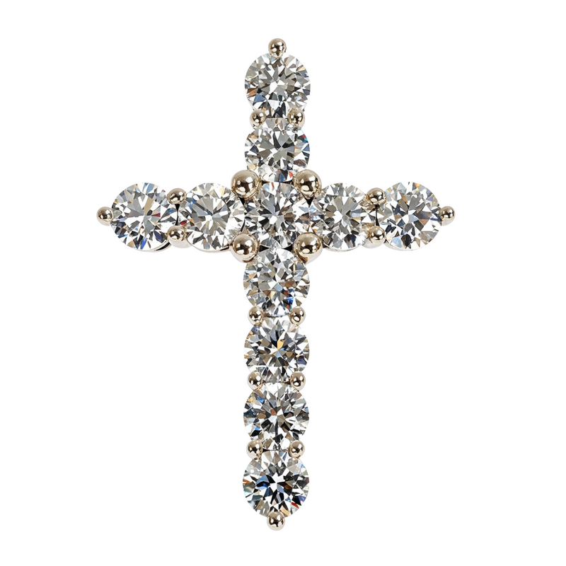 Diamond cross pendant in yellow gold – round-cut stones set across full cross face, front angle