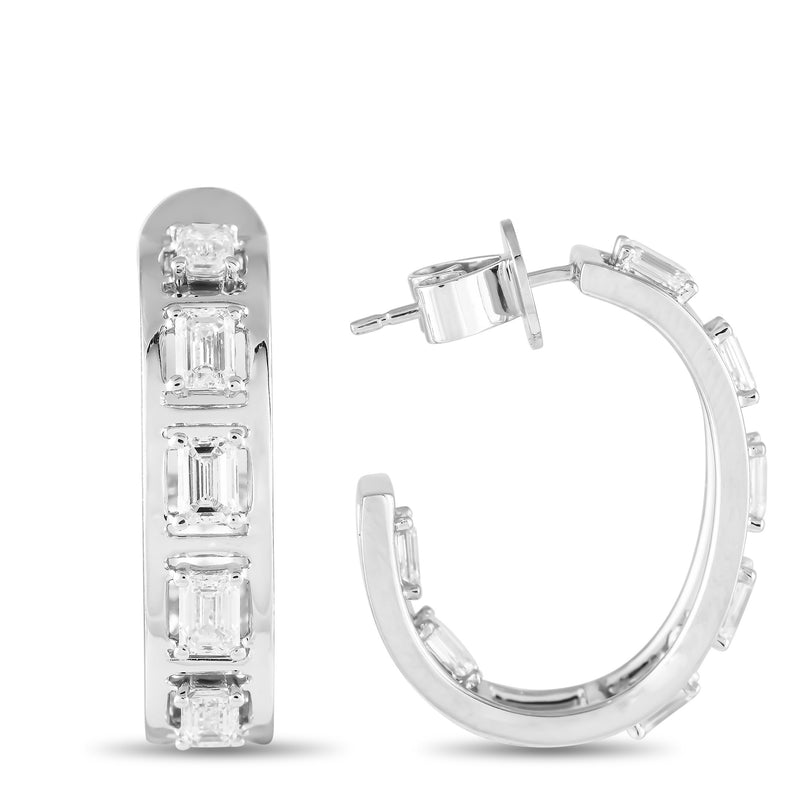 LB Exclusive 18K White Gold 2.55ct Diamond Emerald-Cut C-Hoop Earrings AER-19098