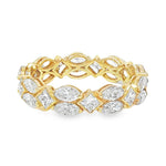 Yellow gold band ring with cluster diamond shapes in geometric pattern.
