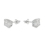 Pair of radiant cut diamond stud earrings with four-prong white gold setting, brilliant facets