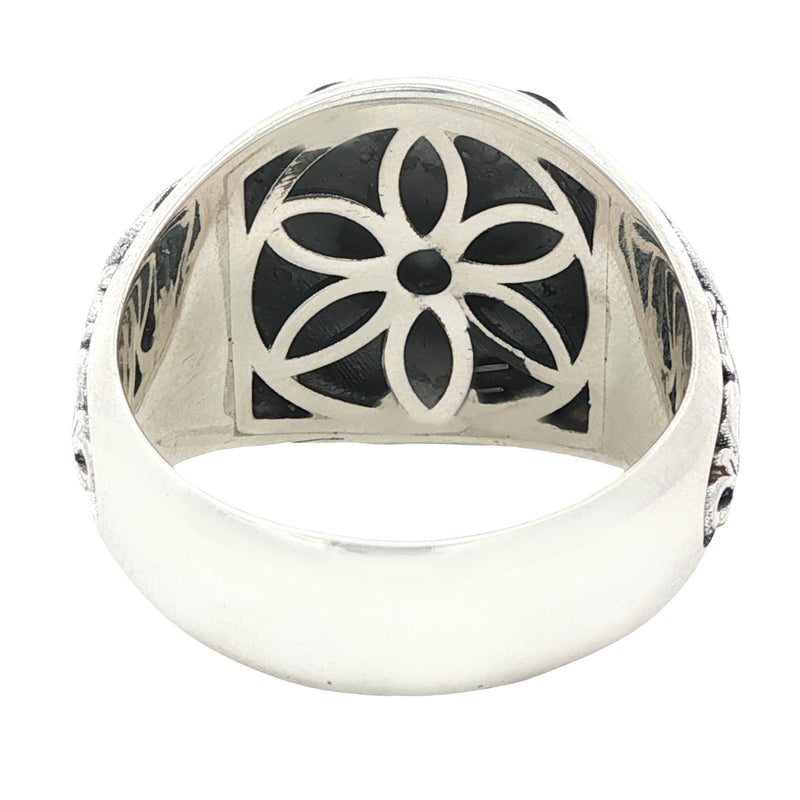 Silver men's signet ring with intricate royal filigree floral design in .925 sterling silver.