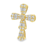 Yellow gold baguette and round diamond cross pendant with intricate gemstone detailing.