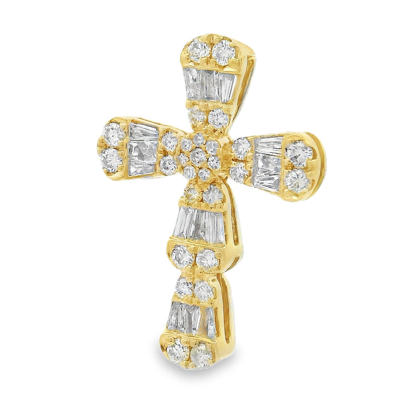 Yellow gold baguette and round diamond cross pendant with intricate gemstone detailing.