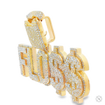 Gold custom name pendant with "FLOSS" letters encrusted in sparkling diamonds.