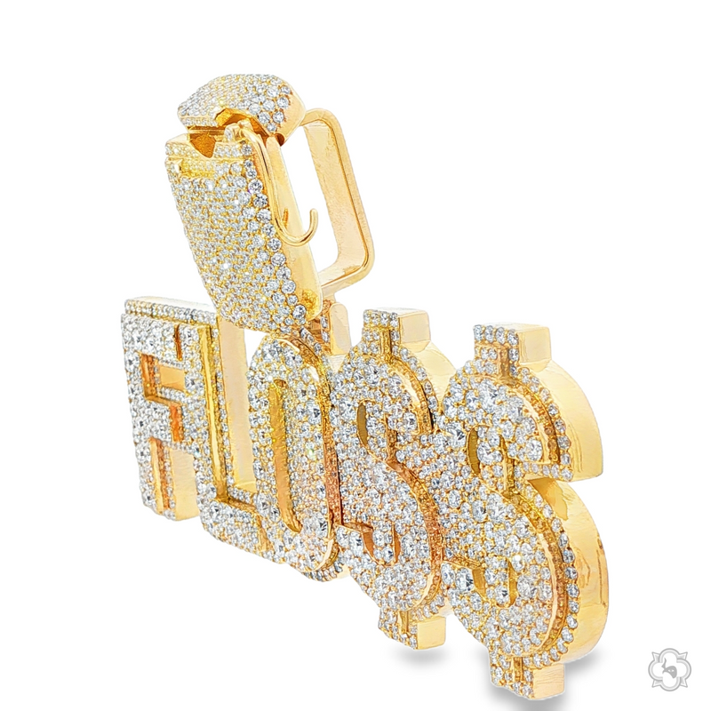Gold custom name pendant with "FLOSS" letters encrusted in sparkling diamonds.