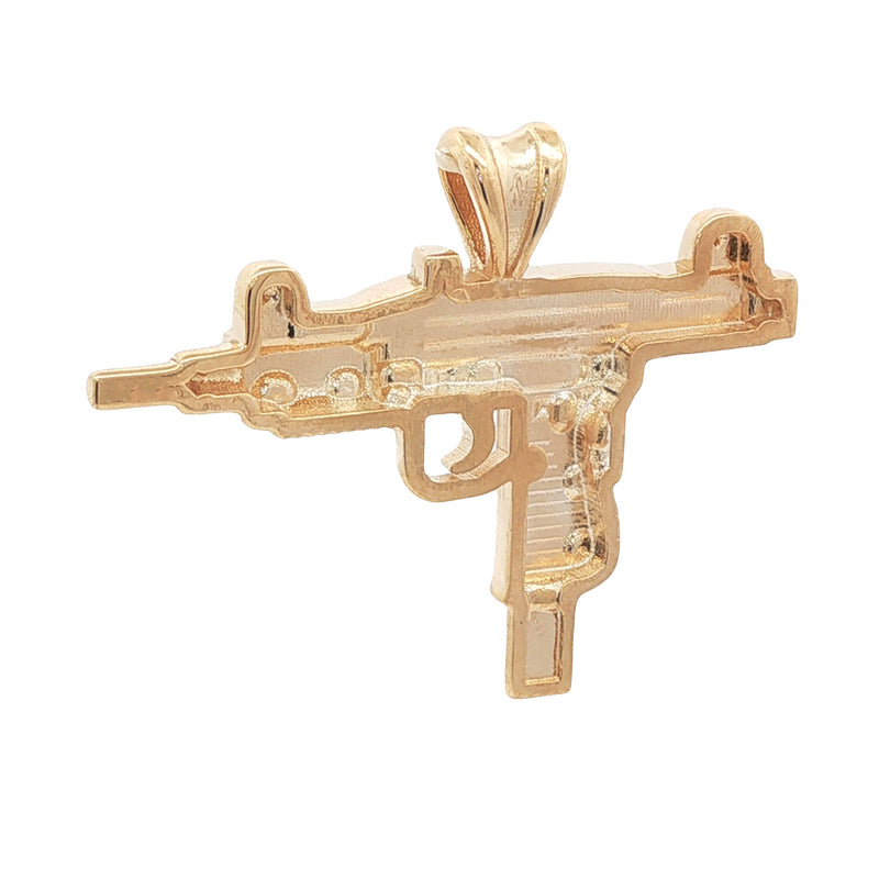 14K gold pendant shaped like a small detailed Uzi gun with a polished finish.