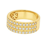 Yellow gold three-row wedding band with round diamonds in a sleek, polished setting.