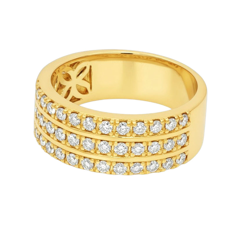 Yellow gold three-row wedding band with round diamonds in a sleek, polished setting.