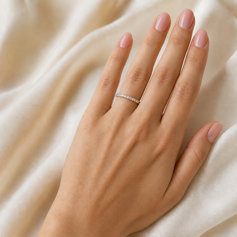 14K gold 3/4 eternity wedding band with 0.65 carat total weight of round lab grown diamonds and a slim 2.00mm profile.